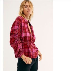 Free People Vibrant Red and Pink Plaid Shirt